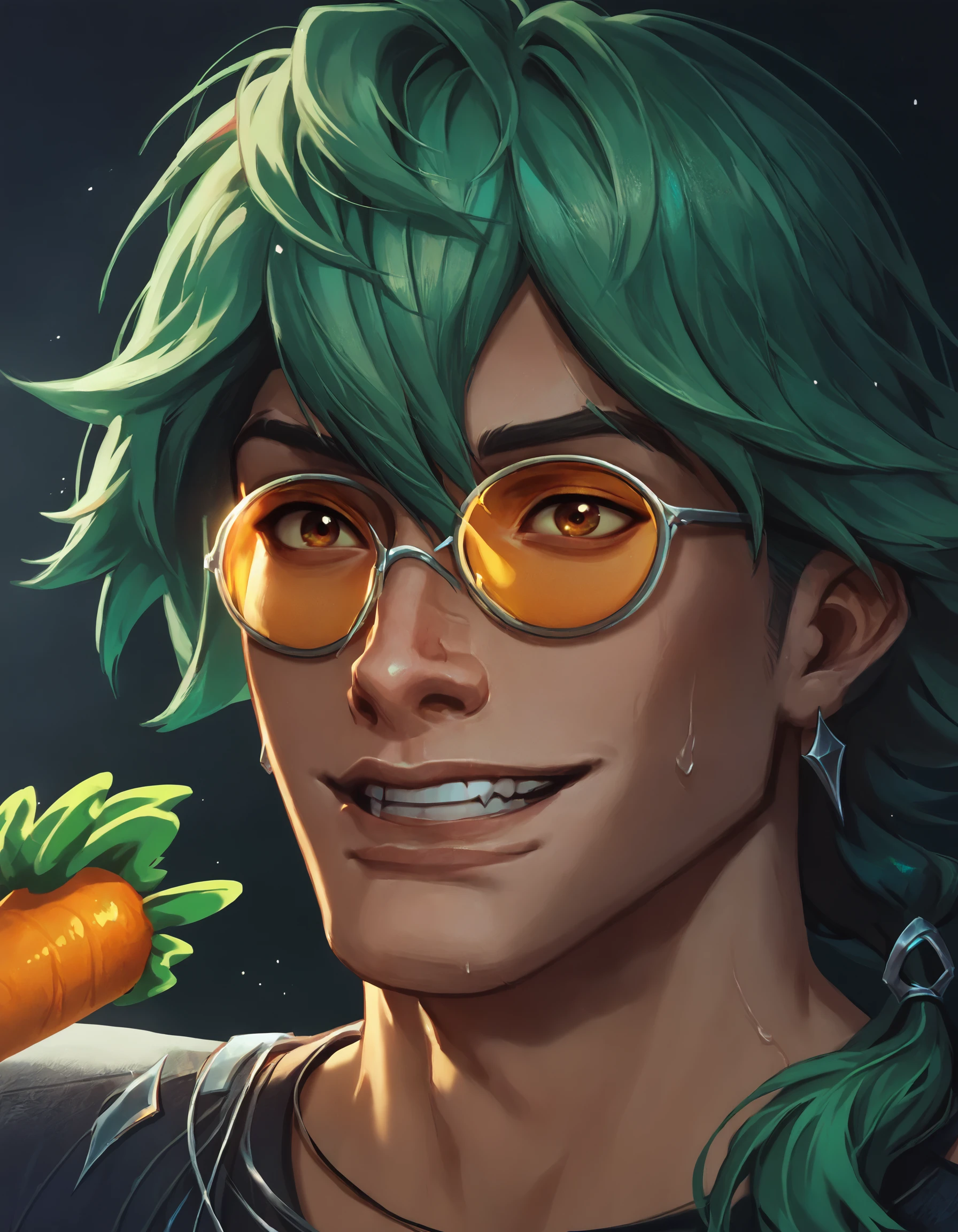 score_9, score_8_up, score_7_up, score_6_up, score_5_up, score_4_up, 1boy, Ezreal, League of Legends, hrstlxks style, long hair, smile, bangs, hair between eyes, jewelry, male focus, bishonen, soft features, genderless, sweat, earrings, green hair, glasses, teeth, grin, sunglasses, portrait, carrot, tinted eyewear, side locks, close-up, cinematic lighting, cinematic angle, dark, dark background, Wild Rift, <lora:HeartstlPonyXL:1>