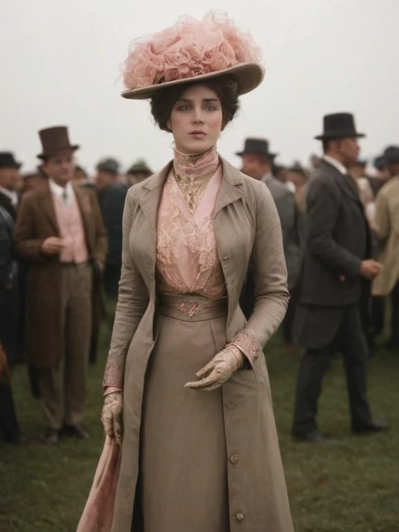 color photo, sharp, uhd, high resolution, woman wearing dress with a mother-of-pearl  design and hat walking in the sidewalk <lora:Belle_Epoque_Dresses_1880-1914_XL:1> 1880_dr3ss