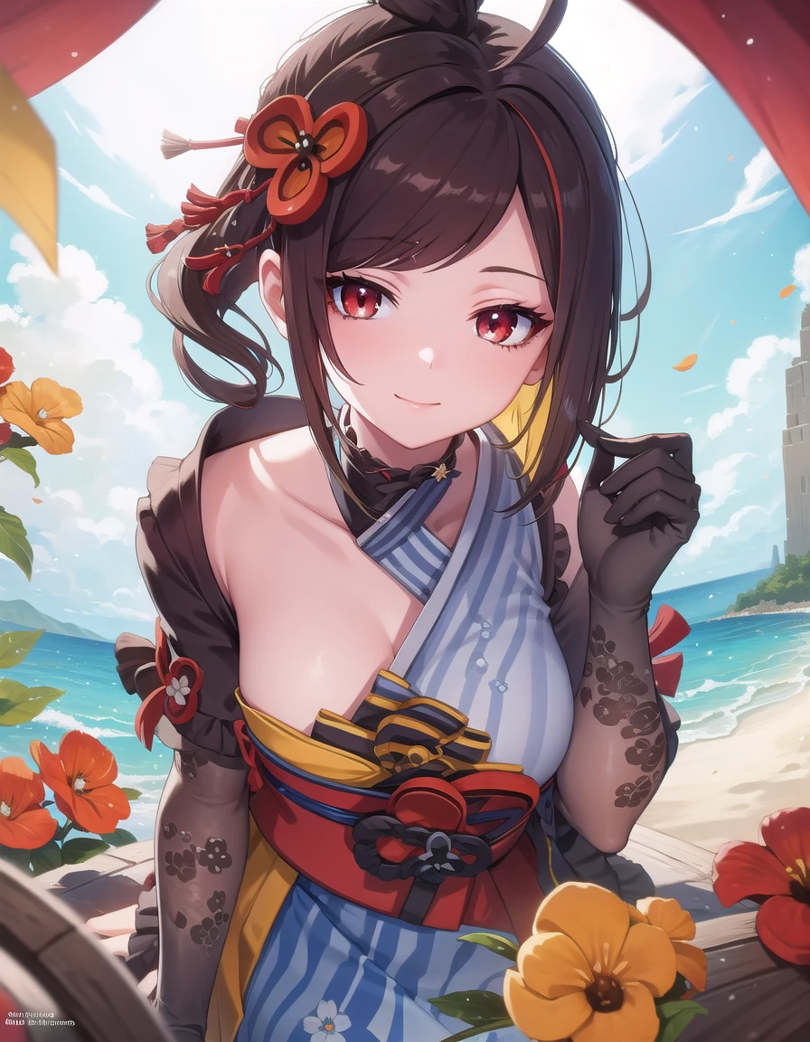 genshinchiori, <lora:genshin chiori ingamebooru-lora-nochekaiser:1>,
chiori, brown hair, hair ornament, (red eyes:1.3), flower, hair flower, smile,
BREAK gloves, japanese clothes, sash, obi,
BREAK outdoors,
BREAK looking at viewer, (cowboy shot:1.5),
BREAK <lyco:GoodHands-beta2:1>, (masterpiece:1.2), best quality, high resolution, unity 8k wallpaper, (illustration:0.8), (beautiful detailed eyes:1.6), extremely detailed face, perfect lighting, extremely detailed CG, (perfect hands, perfect anatomy),