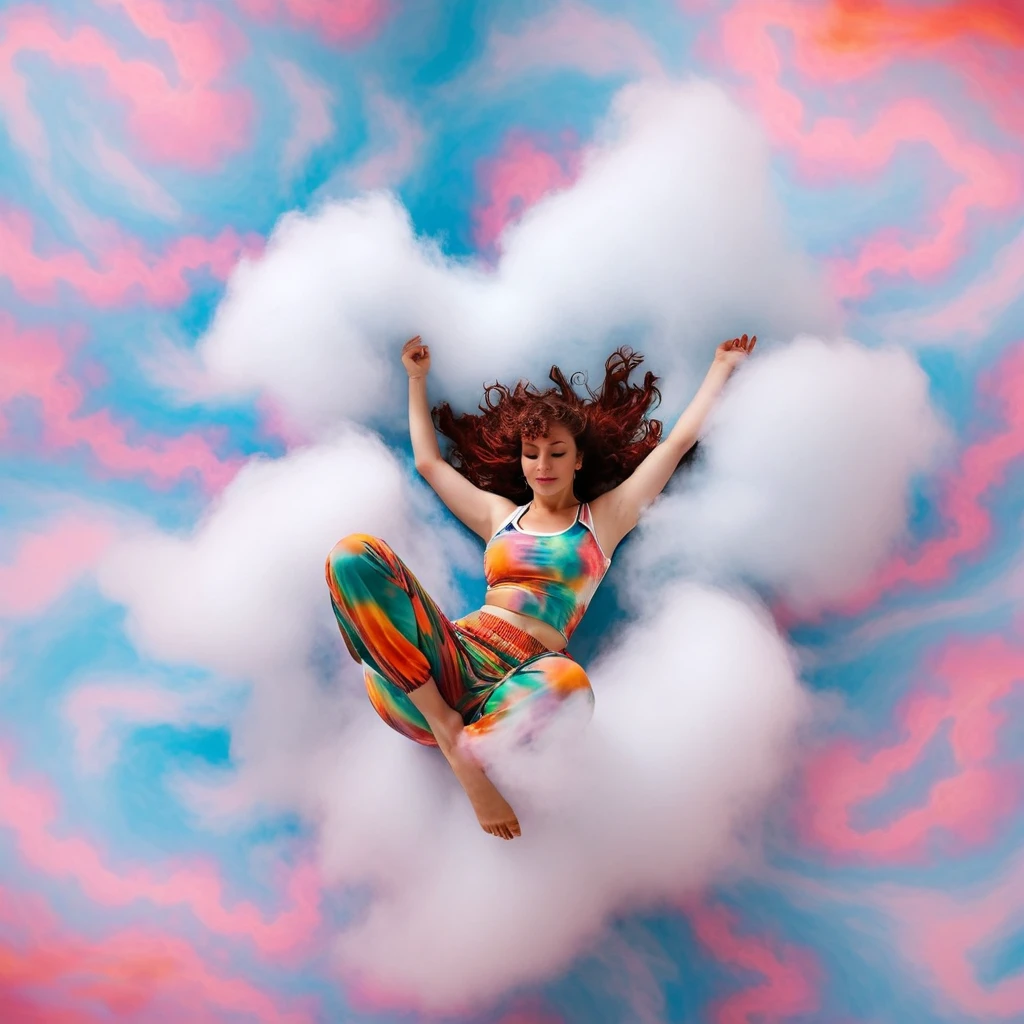 <lora:02A9A6C1EA:1> ((thebertsimon)), (woman)  yoga outfit, laying on a cloud, psychodalic, reality warping, funky colors, dancing gods