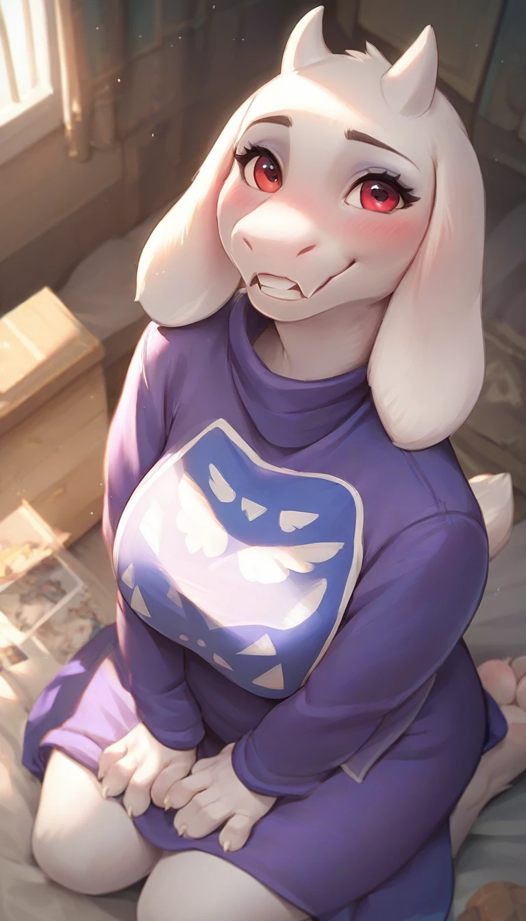 Toriel, huge tits, thin waist, big thighs, big nipples marked on the fabric, wide neckline, contour of areola and large nipples, long nipples, embarrassed expression, blush