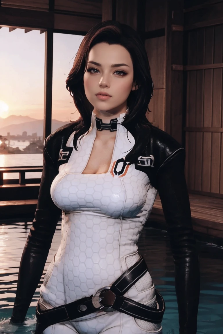 masterpiece, best quality, high quality, highres, wading,looking at viewer,solo,water, sunset, onsen, wisteria,moody lighting, BREAK, 
GAME_MassEffect_Miranda_ownwaifu, www.ownwaifu.com, 
1girl, black hair, breasts, long hair, lips, medium breasts,  black eyes, blue eyes, large breasts,  makeup, nose, brown hair, collar, lipstick,  black collar, 
bodysuit, choker, jacket, belt, fishnets, cleavage,gloves, fishnet legwear, fingerless gloves,fishnet bodysuit, spacesuit,white bodysuit, cropped jacket, holster, long sleeves, leather jacket, skin tight, 
<lora:GAME_MassEffect_Miranda_ownwaifu-15:0.9>