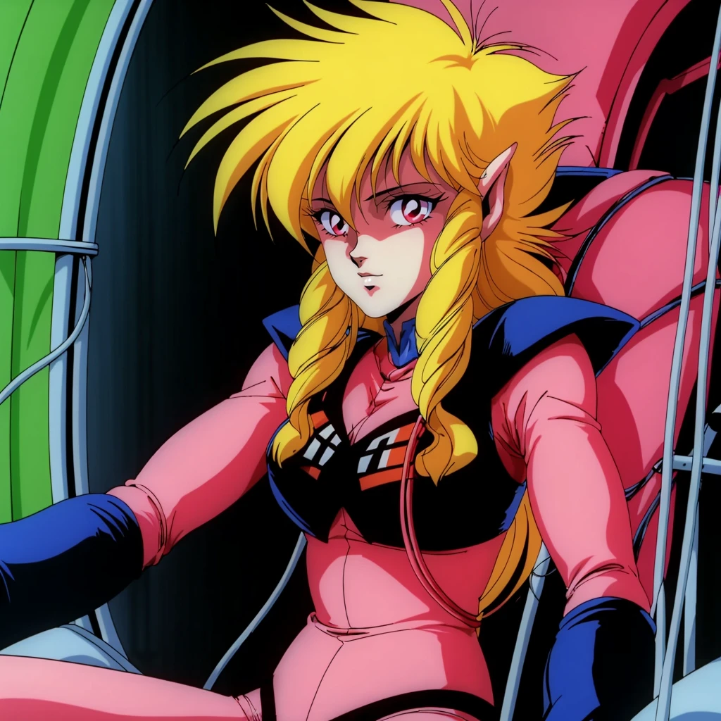 <lora:FI1Iczer1001:0.7>,<lora:add_detail:0.5>,<lora:noline:0.3>,<lora:boldline:-0.3>,
solo,
FI1Iczer1,1girl,retro artstyle,1980s (style),
pink bodysuit,
cockpit,tube,code,cable,sitting,