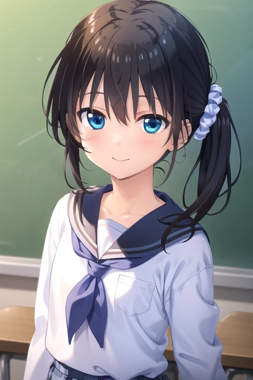 ((masterpiece)),(best quality),official art,extremely detailed CG,unity 8k wallpaper,ultra detailed,beautiful detailed eyes,extremely detailed face,classroom,1girl,solo,upper body,(portrait:1.5),looking at viewer,facing viewer,(petite:1.2),smile,Onami Kohaku,very long hair,black hair,side ponytail,hair intakes,hair scrunchie,blue scrunchie,hair ornament,hair between eyes,blue eyes,sailor collar,serafuku,white shirt,neckerchief,long sleeves,blue skirt,plaid skirt,pleated skirt,black socks,loafers,<lora:Onami Kohaku(oazgs)>,