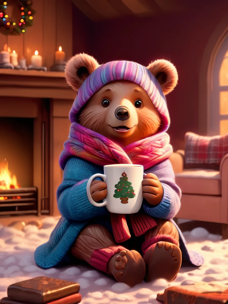 A cute and cozy image of a little bear wrapped in a soft, oversized sweater, sipping on a steaming cup of hot cocoa by a crackling fireplace.