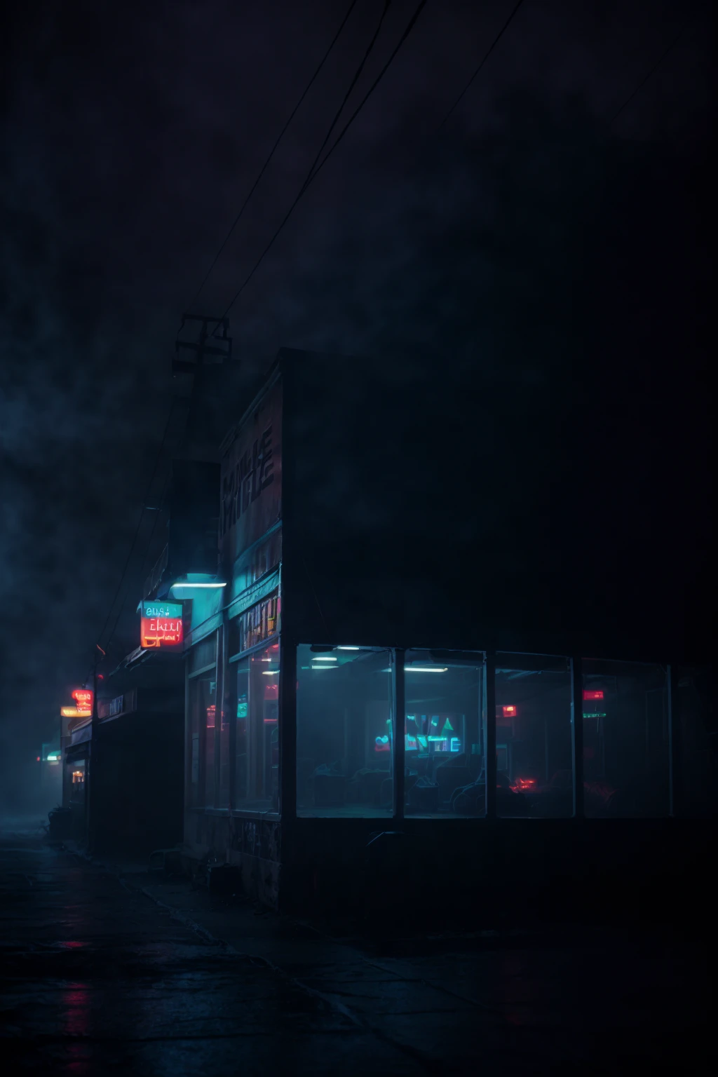 ragged motel, euphoria style film still, fog, neon blue hue, at night, dark, dimly lit, low key, film grain, epiCPhoto