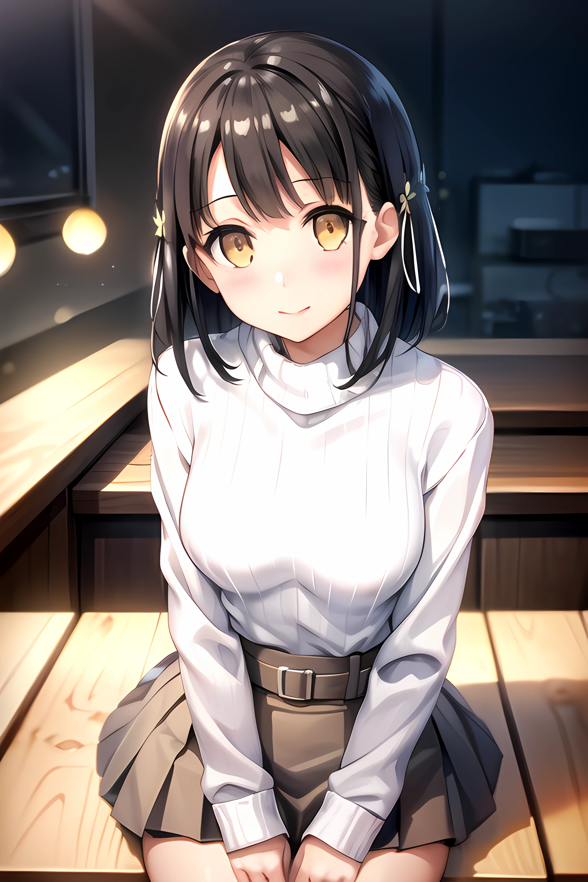 ((masterpiece, best quality)), 1girl,solo,sitting, yui hanasaka \(casual\) \(one room\), bangs, belt, black_hair,(close mouth),smile, blush, breasts, brown_eyes, black_hair, cowboy_shot, eyebrows_visible_through_hair, hair_ornament, long_sleeves, looking_at_viewer,(high waist skirt), ribbed_sweater, simple_background, skirt, sleeves_past_wrists, sweater, turtleneck, turtleneck_sweater, white_sweater,,,,extremely detailed CG unity 8k wallpaper, perfect lighting,Colorful, Bright_Front_face_Lighting,White skin, (masterpiece:1.0),(best_quality:1.0), ultra high res,4K,ultra-detailed, photography, 8K, HDR, highres, absurdres:1.2, Kodak portra 400, film grain, blurry background, bokeh:1.2, lens flare, vibrant_color,professional photograph,bow breasts, (beautiful_face:1),(detailed eyes),(narrow_waist),(Beautiful medium breasts),Beautiful Finger,Beautiful long legs,Beautiful body,Beautiful Nose,Beautiful character design, perfect face,perfect balance,(2d)