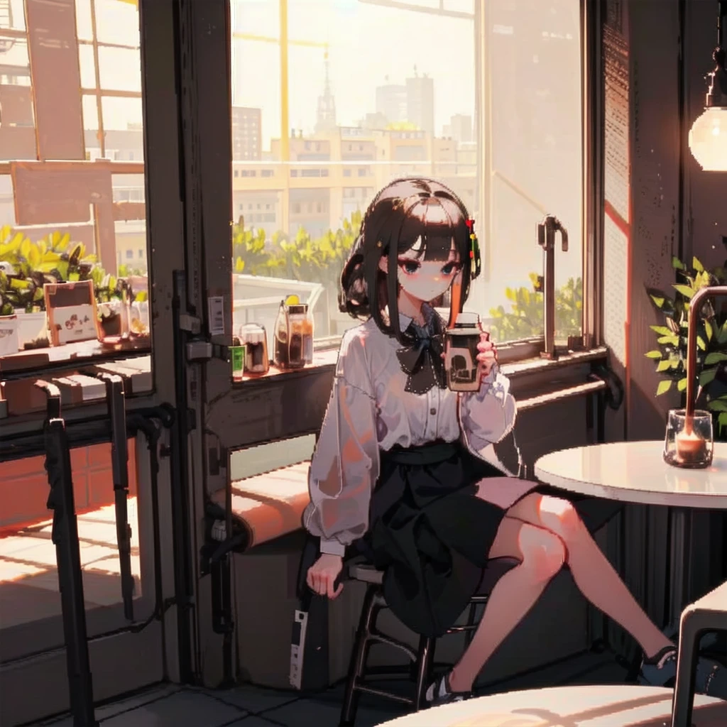 1girl,masterpiece,best quality,ultra detailed,((coffee house)),formal_dress,moody lighting,plate,cup,coffee,<lora:aki:1>,drinking coffee