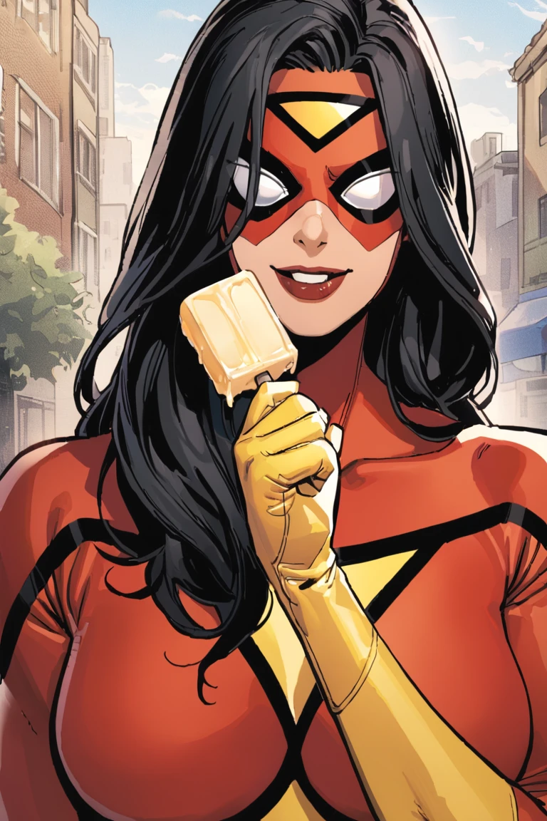 sw_jessicadrew, 1girl, solo, long hair, black hair, lipstick, white lenses, covered eyes, domino mask, superhero, red bodysuit, yellow gloves, yellow boots, portrait, upper body, smile, holding popsicle, holding food, standing, outdoors, masterpiece, best quality <lora:Spider-Woman (Jessica Drew)_LoRA_Animagine XL V3:0.8>