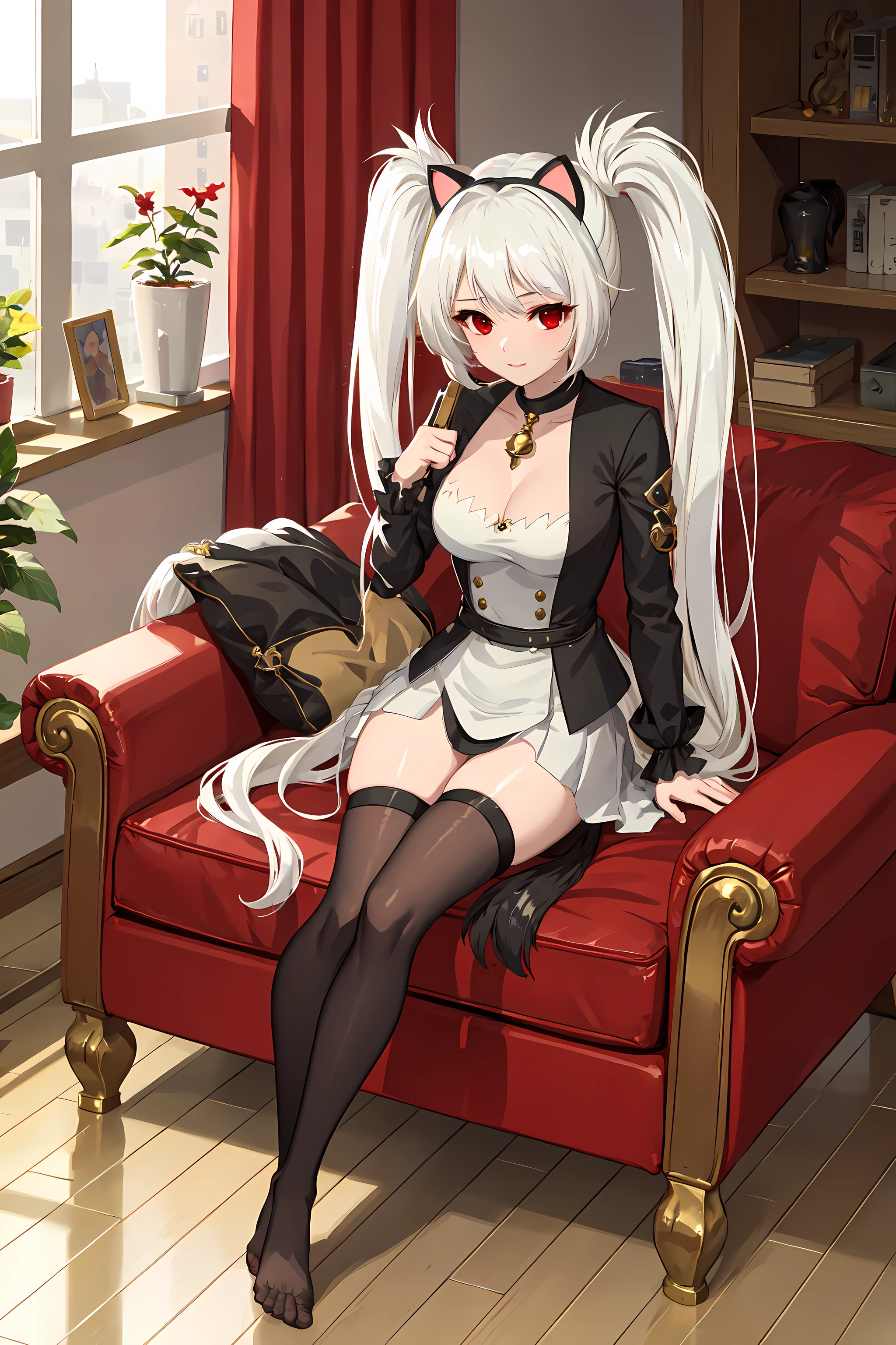 <lora:QuillCCv1:0.7> quill, masterpiece, best quality, 1girl, solo, cat ears, tail, white hair, long hair, red eyes, living room