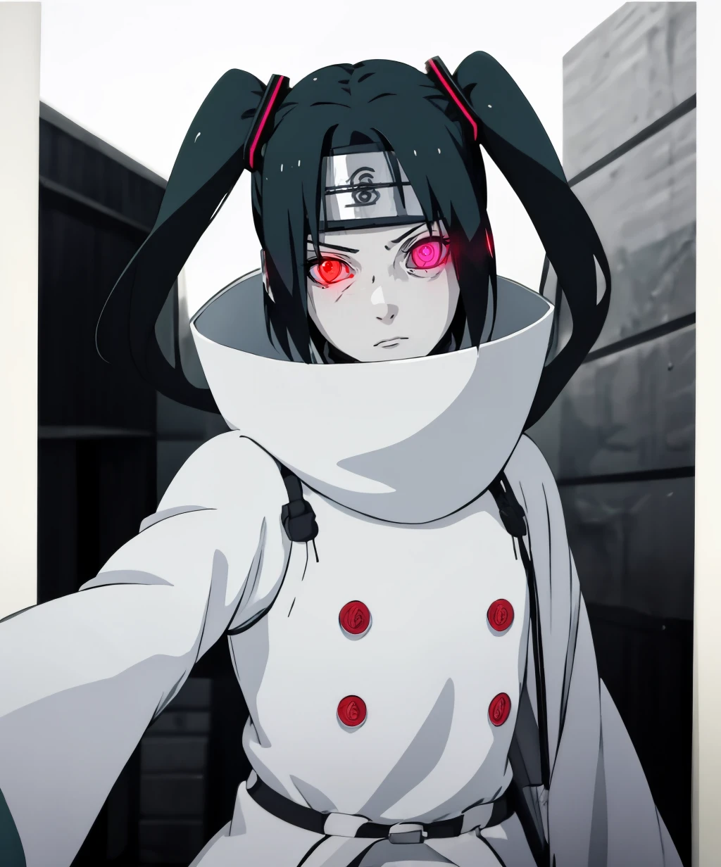 (uchiha:1.1),1girl,hatsune miku,black hair,headband,glowing,glowing eyes,glowing eye,(forehead protector:1.1),konohagakure symbol,symbol-shaped pupils,sheath,high collar,bandages,pale skin,black gloves,expressionless,solo,cowboy shot,<lora:uchiha_style-10:1.5>,