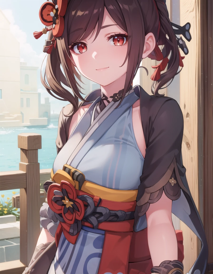 genshinchiori, <lora:genshin chiori ingamebooru-lora-nochekaiser:1>,
chiori, brown hair, hair ornament, (red eyes:1.3), flower, hair flower, smile,
BREAK gloves, japanese clothes, sash, obi,
BREAK outdoors,
BREAK looking at viewer, (cowboy shot:1.5),
BREAK <lyco:GoodHands-beta2:1>, (masterpiece:1.2), best quality, high resolution, unity 8k wallpaper, (illustration:0.8), (beautiful detailed eyes:1.6), extremely detailed face, perfect lighting, extremely detailed CG, (perfect hands, perfect anatomy),