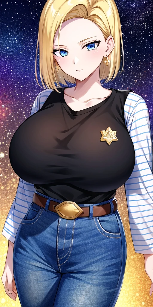 <lora:Lazuli18gouV2:0.7> lazuli18gou, huge_breasts, standing, solo, Black_shirt_striped_sleeves_long_sleeves_Denim_skirt_miniskirt_Belt,denim_vest, starry_sky,, masterpiece, best_quality, detailed_face, detailed_eyes, highres, beautiful, detailed, absurdres,