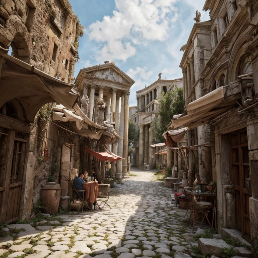 (masterpiece:1.2), (best quality,:1.2), 8k, HDR, ultra detailed, ((photorealistic)), professional light, cinematic lighting, fashion photography, ambient lighting, face lighting, <lora:detail_slider_v4:1>, Fantasy picture, a street in an ancient roman city, RomAr, <lora:RomanArchitecture-10:1>, epiCPhoto