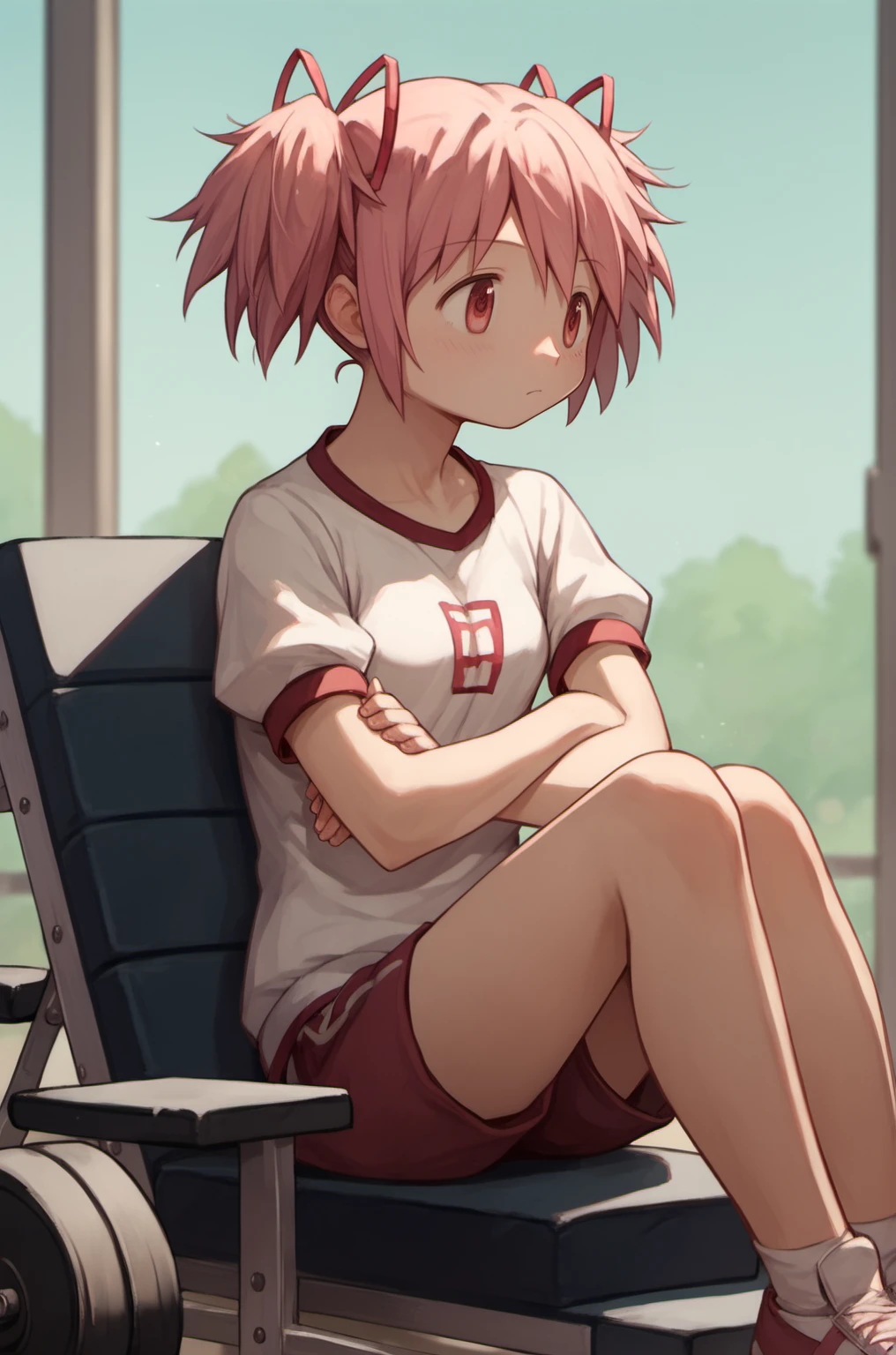 kaname madoka,madoka \(Puella Magi Madoka Magica\),1girl,twintails,short hair,<lora:madoka_pony:0.8>,source_anime,arms_crossed,reclining,gym_uniform,, score_9,score_8_up,score_7_up,score_6_up,score_5_up,score_4_up,