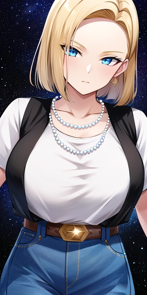 <lora:Lazuli18gouV2:0.7> lazuli18gou, huge_breasts, standing, solo, Black_vest_White_shirt_short_sleeves_Jeans_high-waist_pants_Belt_Pearl_necklace, starry_sky,, masterpiece, best_quality, detailed_face, detailed_eyes, highres, beautiful, detailed, absurdres,