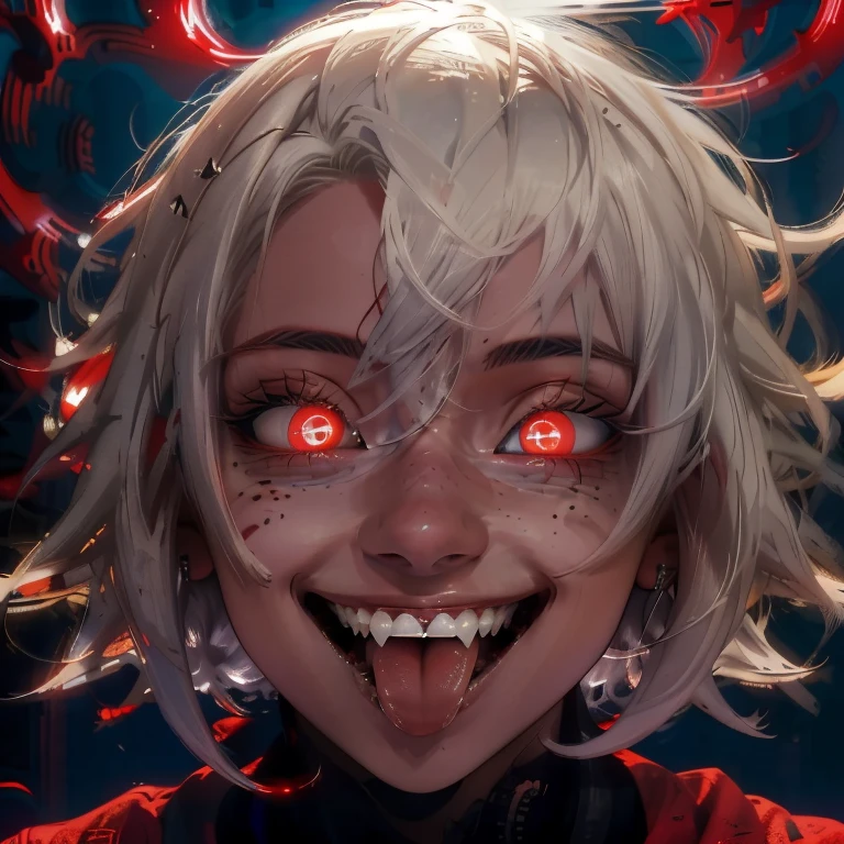 1girl,solo,looking at viewer,smile,short hair,open mouth,red eyes,1boy,hair between eyes,white hair,teeth,tongue,glowing,colored skin,fangs,portrait,glowing eyes,close-up,glowing eye,
<lora:DarkerLight3:1>,DarkerLight