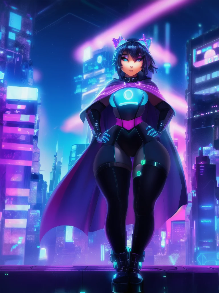 female furry, (robotic body:0.45), dynamic angle, (dynamic pose:1.2), narrow waist, (wide hips:1.4), big butt, transparent pantyhose, (thick thigh:1.4), big boots, luminescent cape floating, cyberpunk, skyscrapers, neon bokeh, future city,