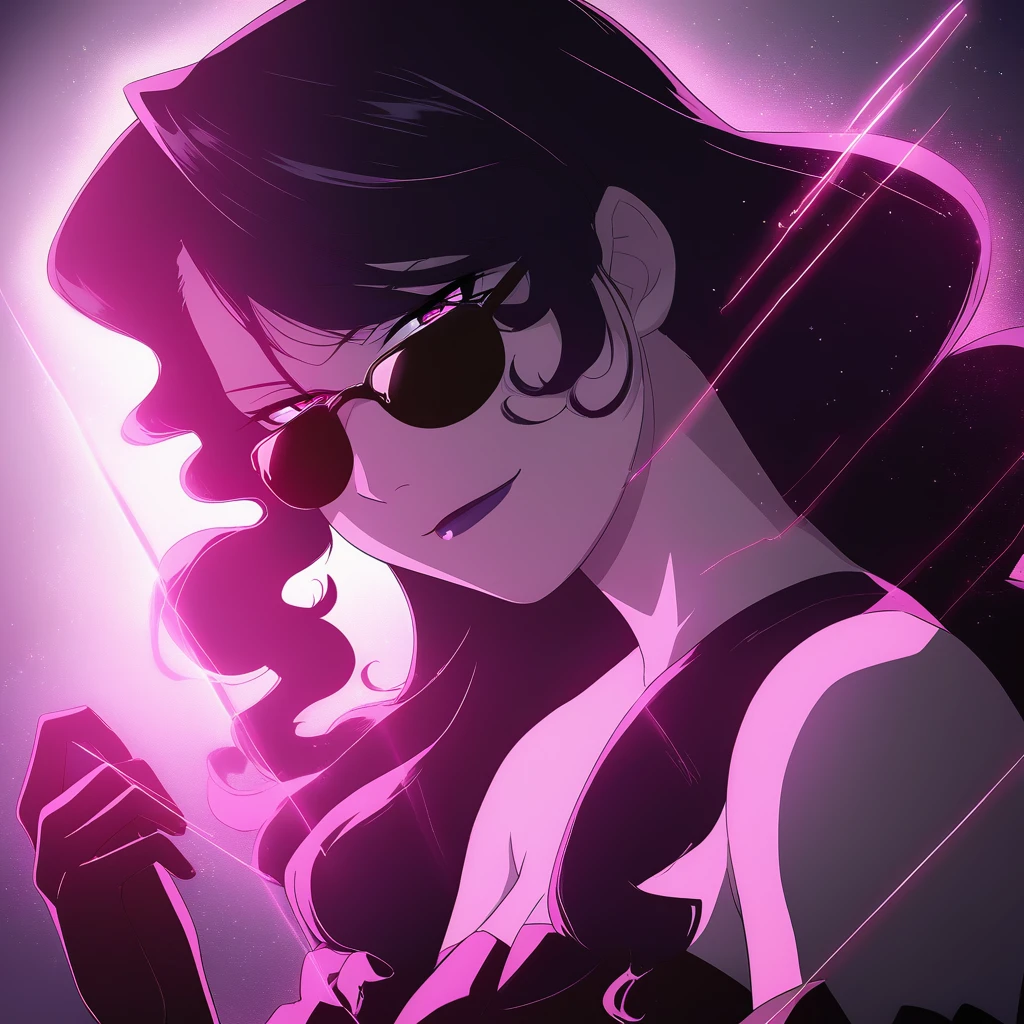 masterpiece, best quality, 1girl, flust, black_shiny_dress_elbow_gloves, solo, flying hair, half closed eyes, tricky, sunglasses, glowing eyes, sharp, wallpaper, 4k, head tilted down, clear, thread, from side, portrait, shine, granular, depth of field, 8k, higher contrast, scenery, gradient background, saturated, warm colors, light smile, shiny, glare, glitter, bokeh, dark background, blurry,<lora:FMA-Lust_anime_v3-000007:1>