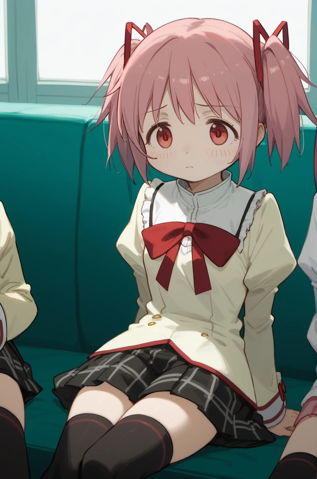 madoka \(Puella Magi Madoka Magica\),1girl,short twintails,mitakihara school uniform,short hair,thighhighs,zettai ryouiki,<lora:madoka_pony:0.8>,arm_up,sitting,legs_together,gloom,sigh,, score_9,score_8_up,score_7_up,score_6_up,score_5_up,score_4_up,