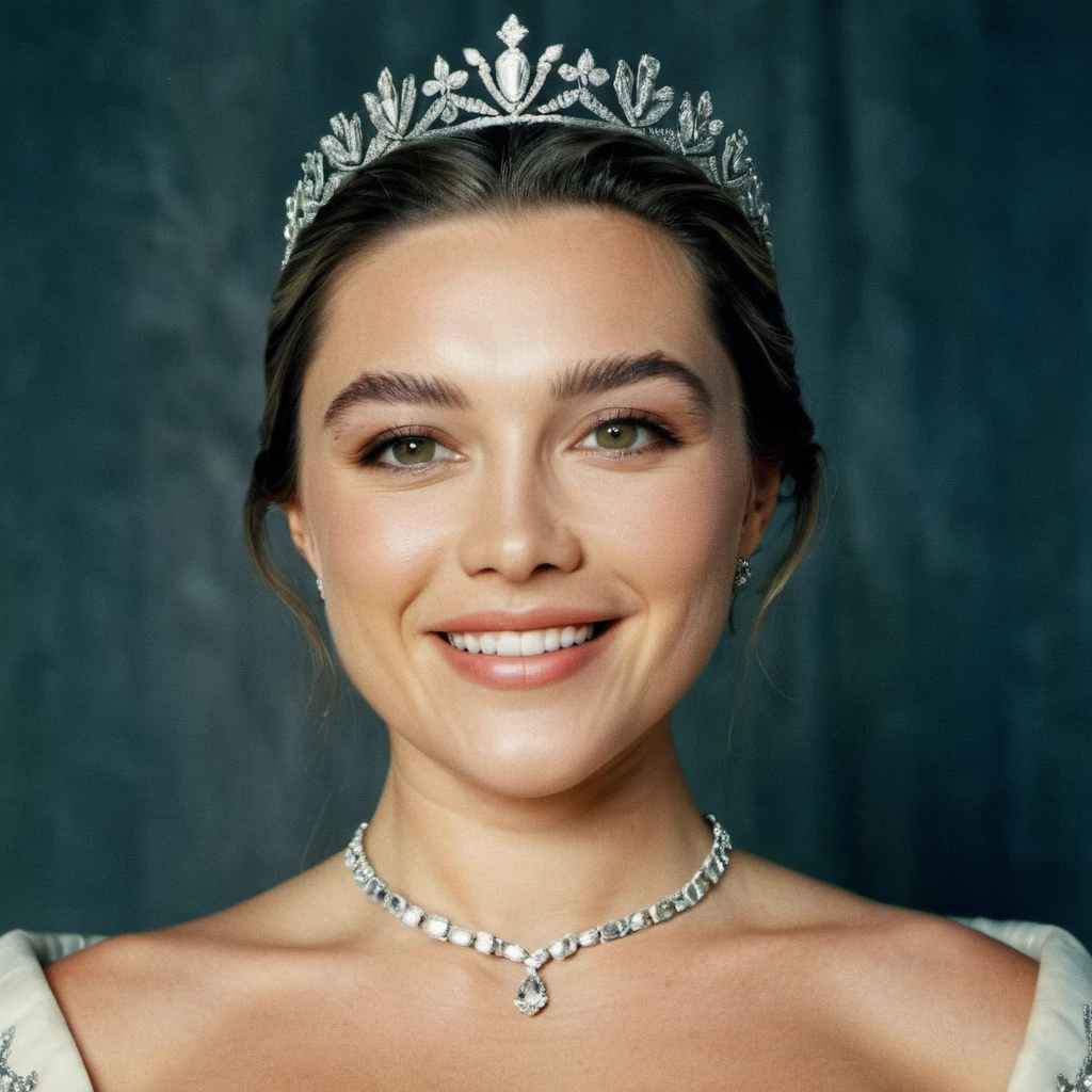 (Skin texture),High quality,Closeup face portrait photo, analog, film grain, actress dressed as a medieval queen with a delicate diamond tiara,regal, bright smile,    <lora:flopugh_xl_1_standard_wo_cap_merger_17_68_05_05:1>