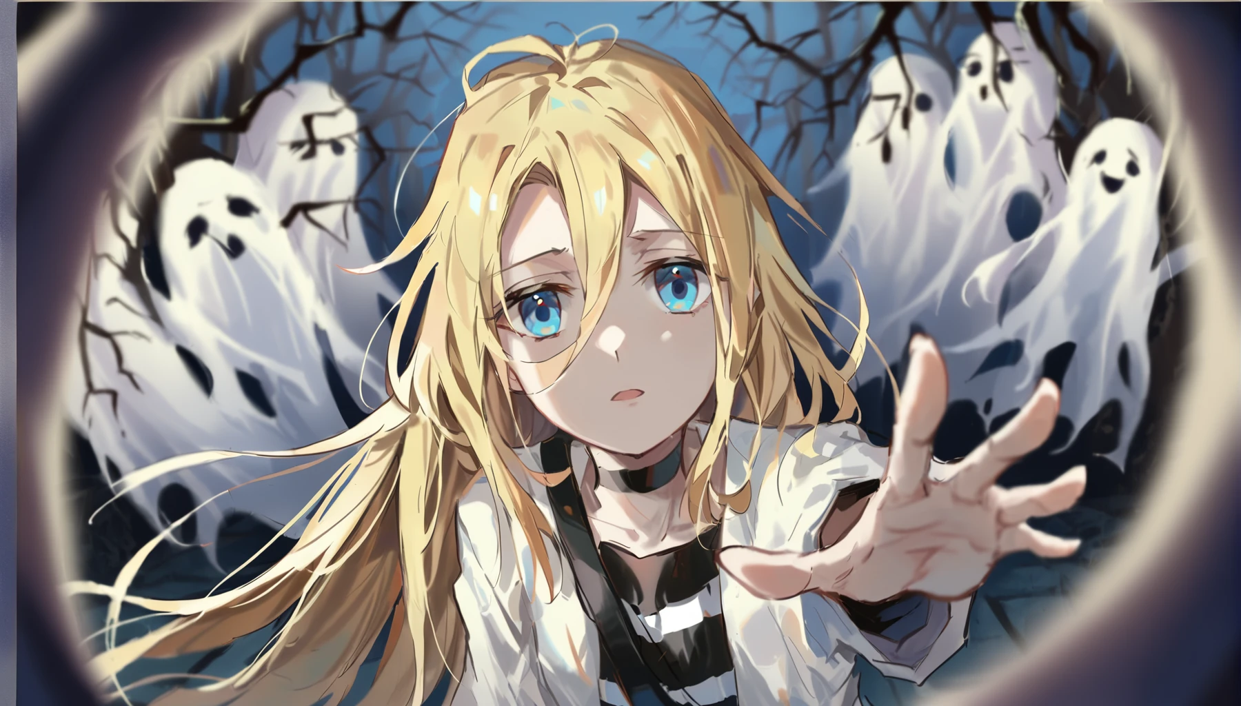 oil painting, blurry, blurry foreground, depth of field,reaching towards viewer, 1girl, rachel gardner, satsuriku no tenshi, collarbone, long hair, blonde hair,hair between eyes,striped shirt,blue eyes,white jacket,open jacket,black choker,bag,A haunted house with the sound of footsteps Ad the sight of ghostly apparitions,<lora:rachelgardner-000013:0.9> <lora:LightOilPainting:0.85>