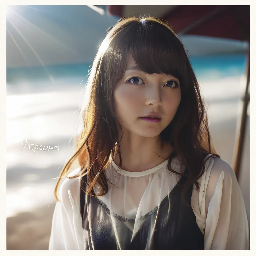 score_9, score_8_up, score_7_up, score_6_up, <lora:KanaZawa:0.8> kanahanazawa sheer shirt, black tanktop, sunlight, beach, album cover, white border, long hair,