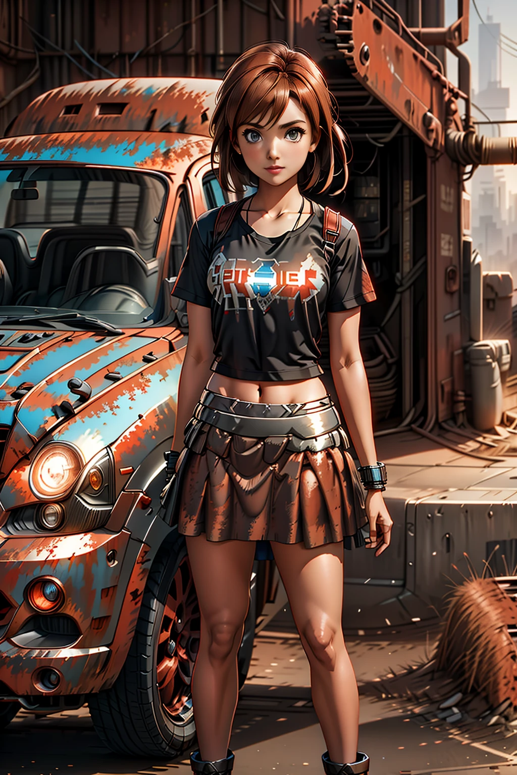 <lora:MetalRustyWorld:1> MetalRustyWorld 1woman (shirt and skirt:1.2) in a metal city (Upper body:1.3) (car:1.3)