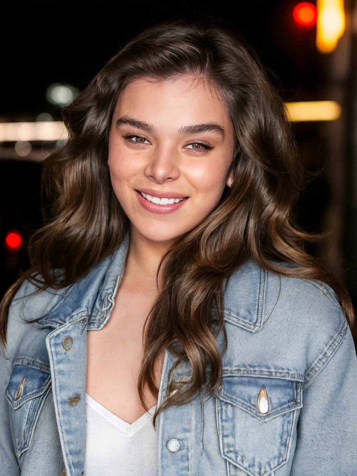 high resolution photo of hail33 woman,she's wearing a denim jacket,she has long brown hair,smiling,close-up,night,she's in a city street,highly detailed skin