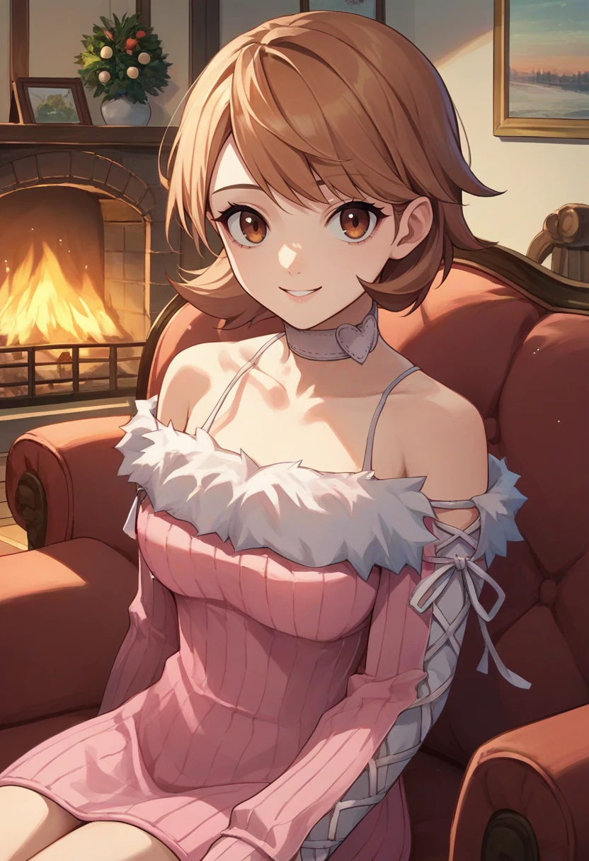 score_9, score_8_up, score_7_up, source_anime, solo, 1girl, yukariwinter, smile, looking at viewer, sitting, couch, pink dress, ribbed sweater, fur trim, off shoulder, white choker, bare shoulders, indoors, fireplace <lora:persona3_takeba_ponyXL:1>