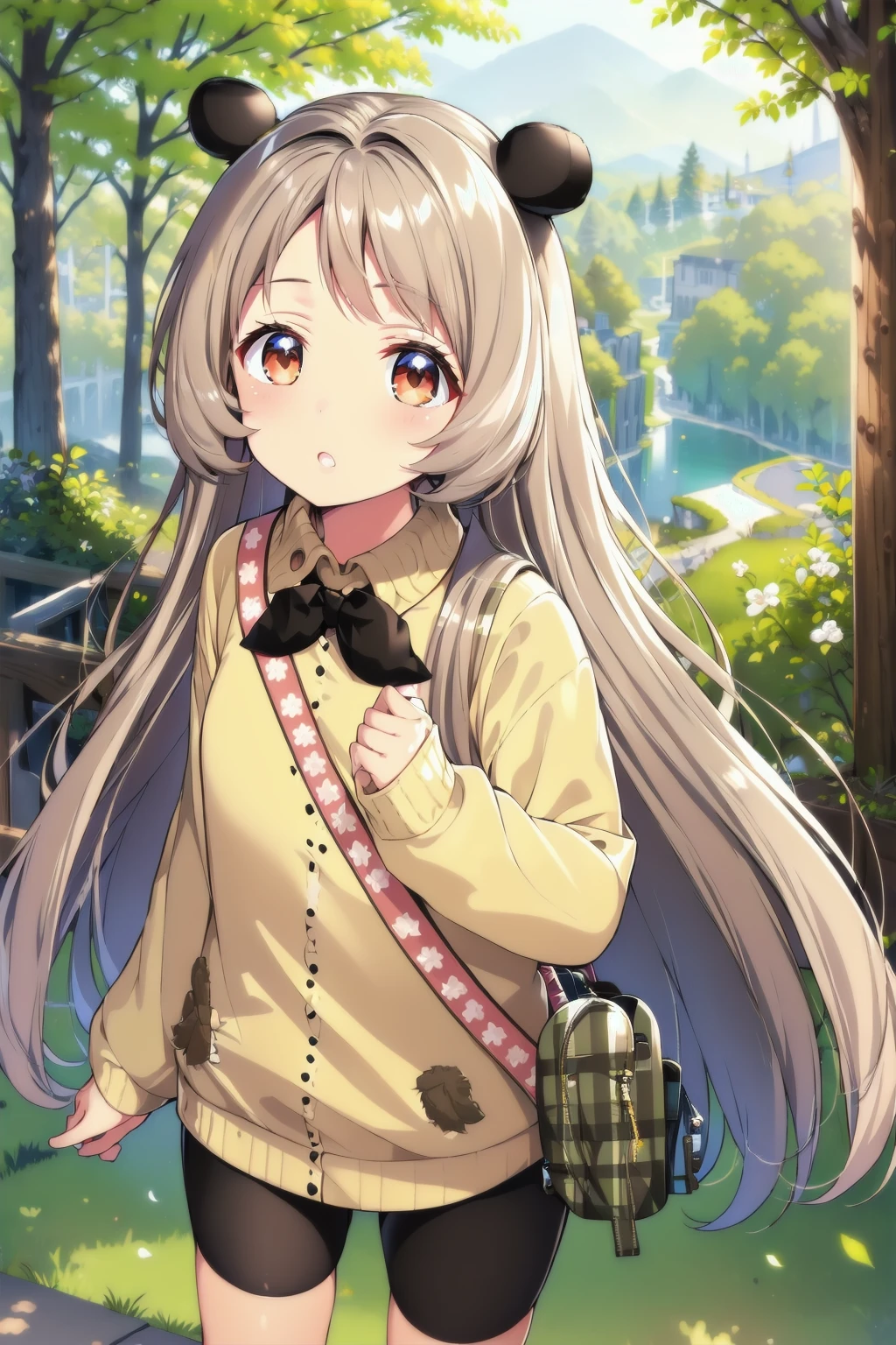 (masterpiece, best quality:1.2), solo, 1girl, ru-tyan, fair skin, tiny girl, black bear ears, light brown long hair, brown eyes, yellow sweater, bike shorts, shoulder bag, looking at viewer, beautiful forest landscape, <lora:ru-tyan_3:0.9>