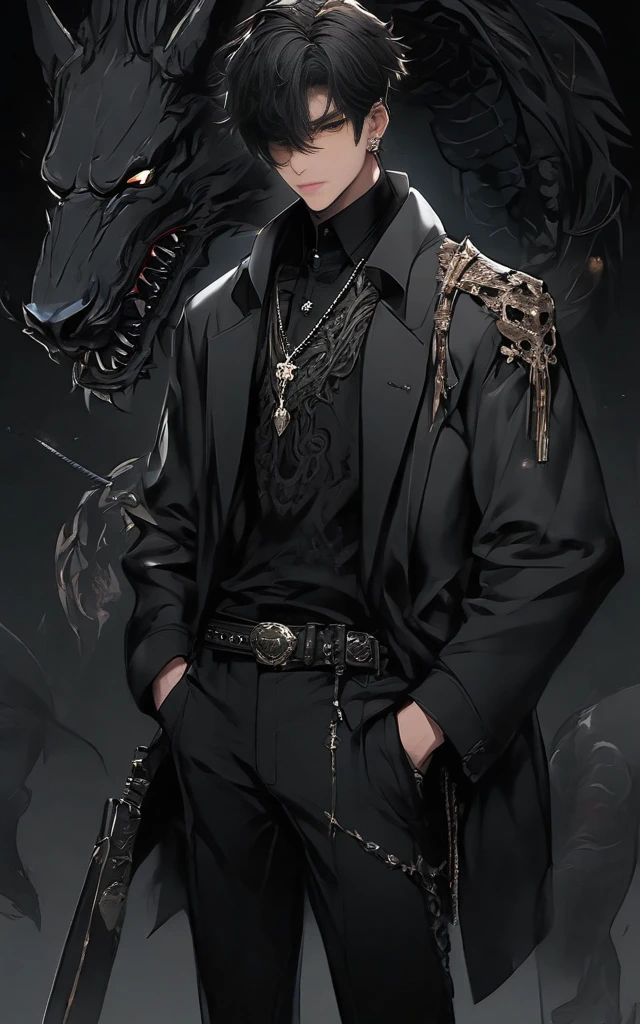 masterpiece, best quality illustration, 1boy, weapon, sword, male focus, pants, black pants, shirt, short hair, standing, animal, long sleeves, closed mouth, jewelry, jacket, cowboy shot, earrings, bangs, solo, black jacket