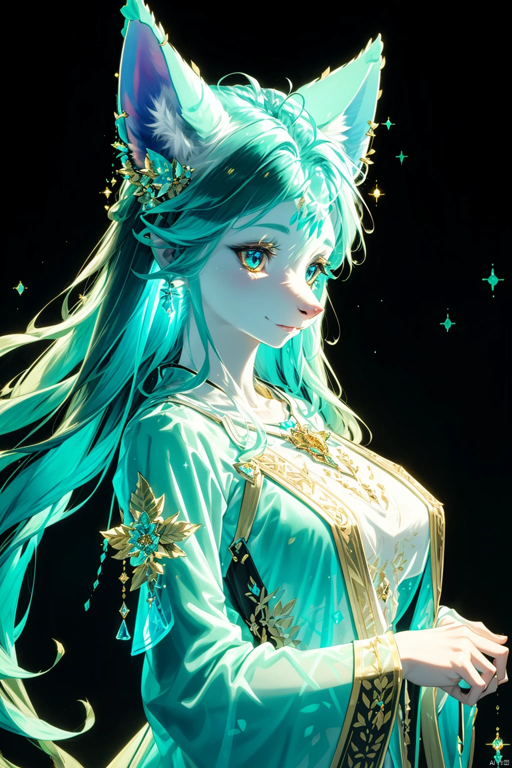 half furry,animal ears,furry:1.3, extremely delicate iridiscent a woman made of Translucent glowing glass, translucent, tiny golden accents, beautifully and intricately detailed, ethereal glow, whimsical, art by Mschiffer, best quality, glass art, magical holographic glow, half furry, FURRY,simple background,in the dark<lora:EMS-309274-EMS:0.800000>