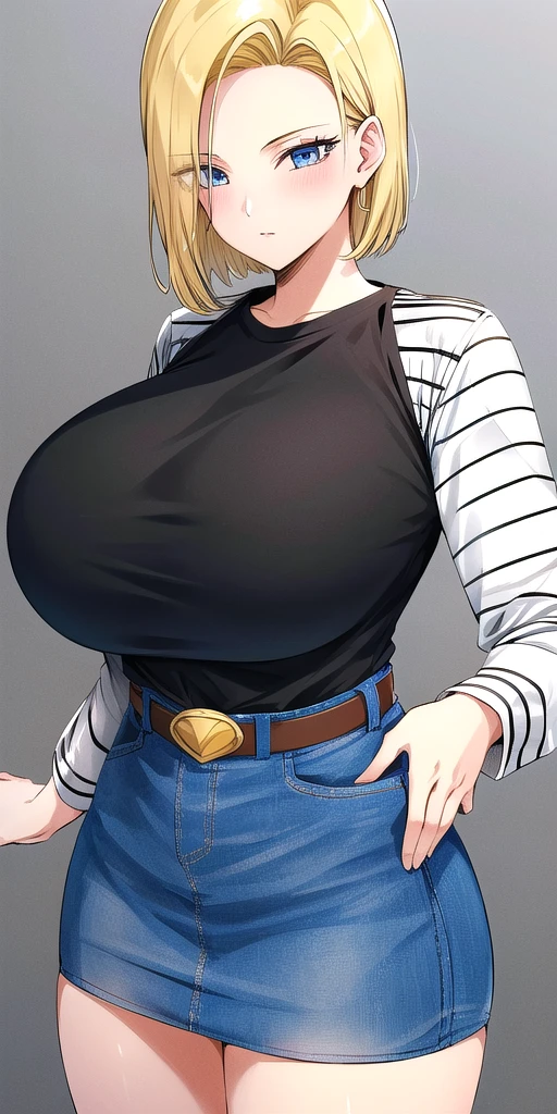 <lora:Lazuli18gouV1:0.7> lazuli18gou, huge_breasts, standing, solo, Black_shirt_striped_sleeves_long_sleeves_Denim_skirt_miniskirt_Belt, masterpiece, best_quality, detailed_face, detailed_eyes, highres, beautiful, detailed, absurdres,