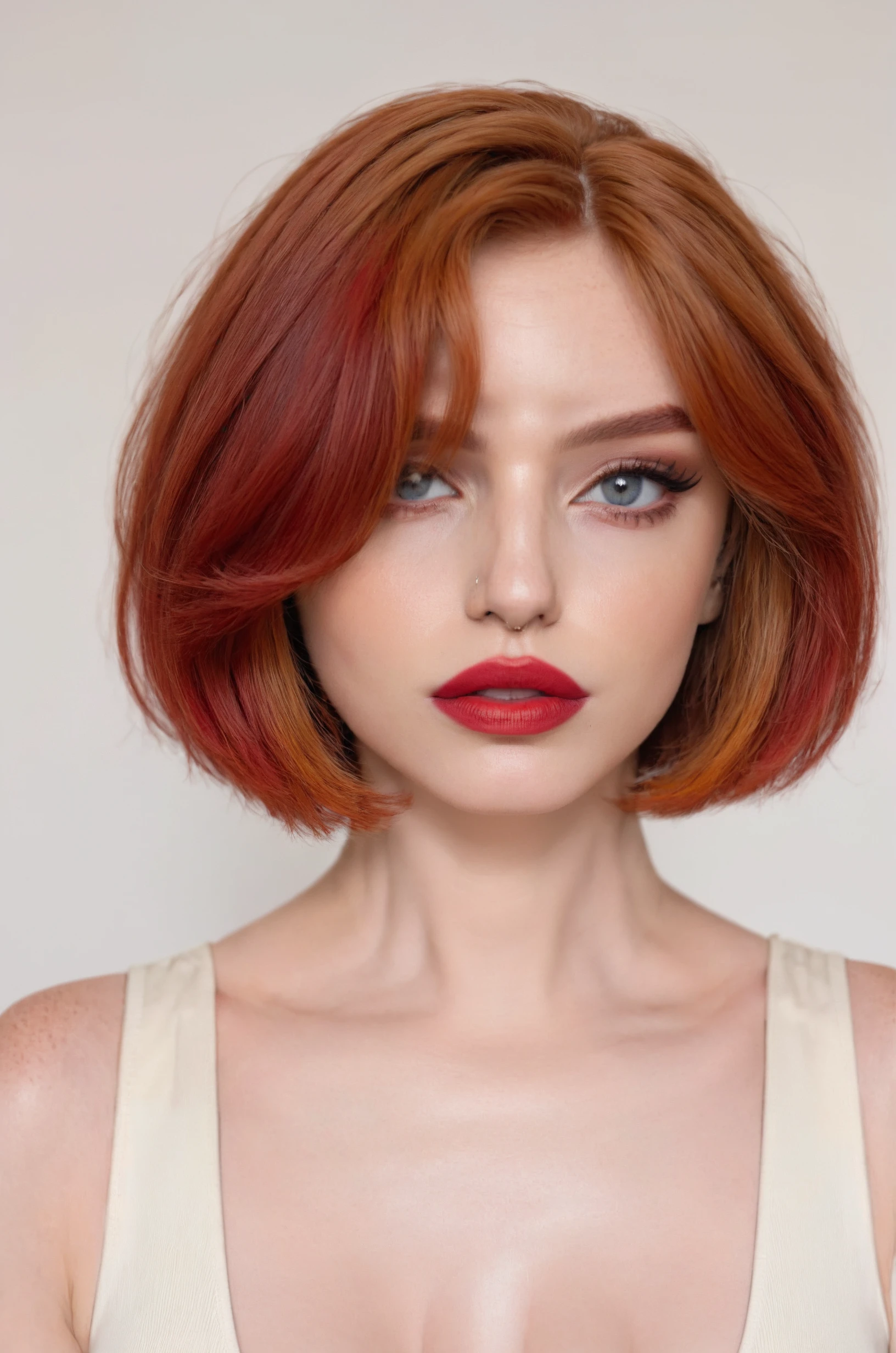 1girl, solo, upper body, looking at viewer, white background, bob cut, short hair, multicolored hair, makeup, parted lips, red lips, eyeliner, portrait of <lora:alinaXL_v1:1> al1n3st3renk0