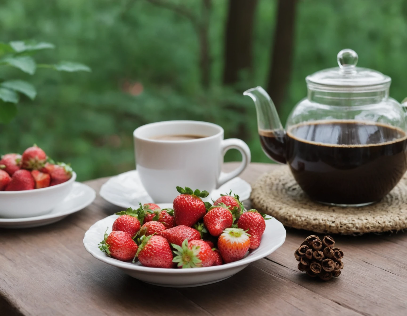still life photography, strawberries in a bowl, coffee mug, cup, teapot, potpourri in a glass jar, plates, on a wooden table, trees in the background, bokeh