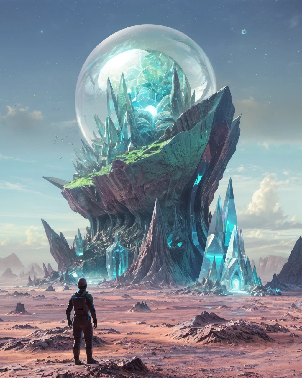 Beeple style, digital art, crystalline palace on an alien landscape, bioluminescent flora, strange rock formations, meticulous detail