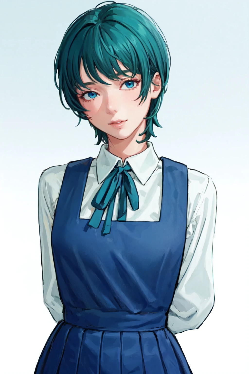 ((masterpiece, best quality, ultra-detailed)), 1girl, aged_up, solo, looking at viewer, arms behind back, white background, eri, sayonara_eri, short hair, pinafore dress, blue eyes, black ribbon, manga, <lora:Goodbye_Eri-000006:1>