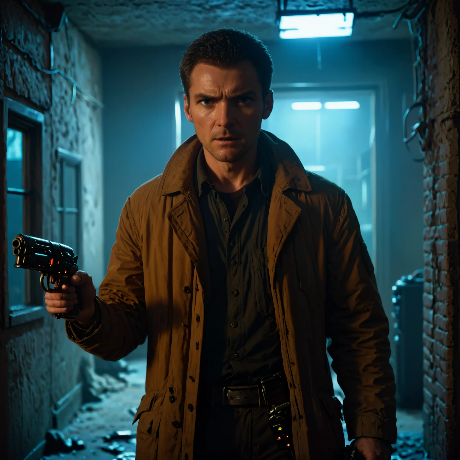 a man holding a bldrnrblstr gun in a dark room