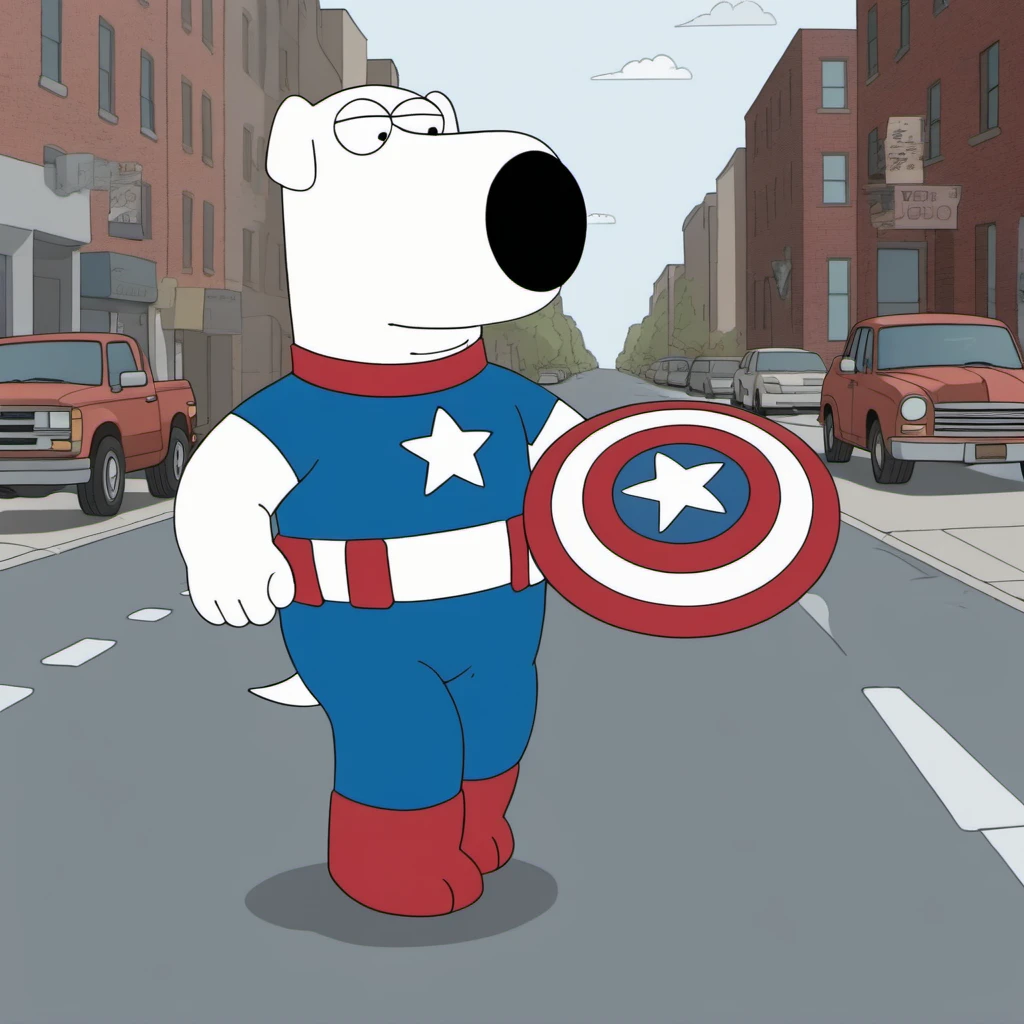 a brian griffin wears a captain america suit in the street <lora:Brian1024:0.8>