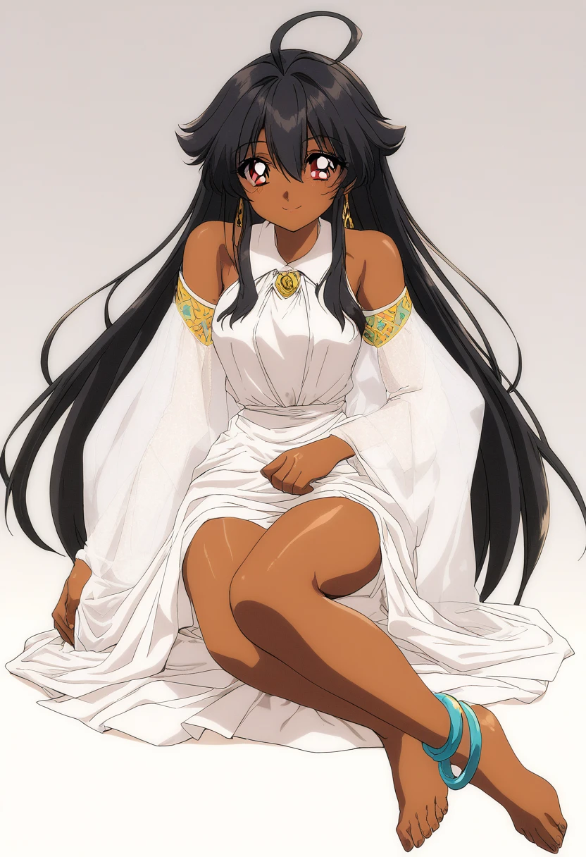 <lora:xl_1990 style(kohaku_delta)-000004:1>,1990 style,retro artstyle,1girl,long hair,solo,barefoot,jewelry,red eyes,dress,dark skin,black hair,dark-skinned female,anklet,smile,white background,sitting,simple background,looking at viewer,very long hair,detached sleeves,bare shoulders,full body,white dress,yokozuwari,ahoge,hair between eyes,shawl,bare legs,, masterpiece,highest quality,extremely detailed,best quality,