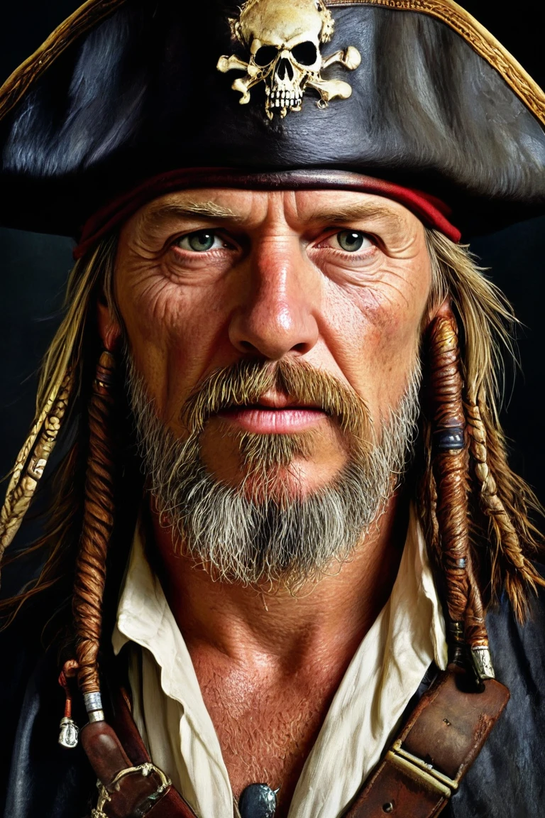 a hyper realistic portrait of a pirate, with old pirate hat