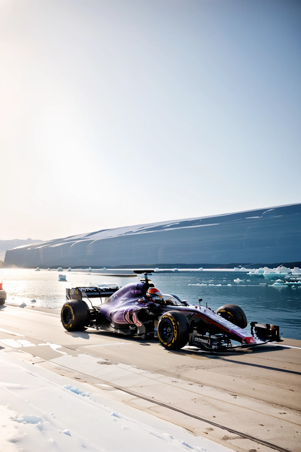 f1,purple Formula 1 car,driving on a racetrack by the lake,Icebergs in the distance,shadow,vehicle focus,realistic, <lora:caixukun_v4:10.8High Detail, Sharp focus, ((photorealism)), realistic, best quality, 8k, award winning, dramatic lighting, epic, cinematic, masterpiece, <lora:Formula 1-000000:1>,