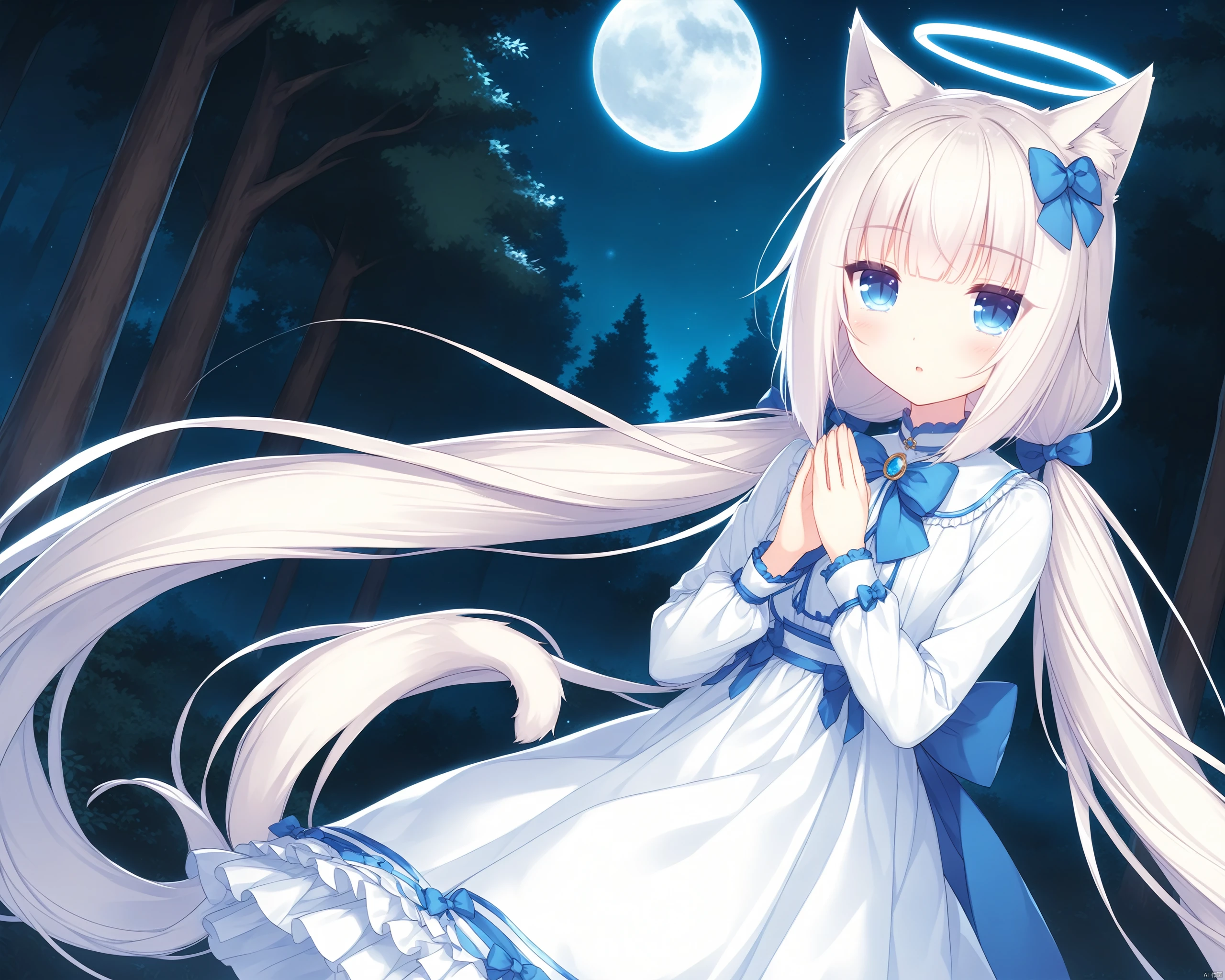 DALLE-Sytles,nekopara,Vanilla_\(nekopara\), blue_eyes, animal_ears, solo, long_hair, very_long_hair, white_hair, dress, bow, night, halo, forest, twintails, cat_ears, animal_ear_fluff, nature, bangs, looking_at_viewer, hair_bow, low_twintails, white_dress, moon, outdoors, full_moon, blue_bow, tree, long_sleeves, cat_girl, own_hands_together<lora:EMS-320496-EMS:0.300000>, <lora:EMS-320503-EMS:0.800000>