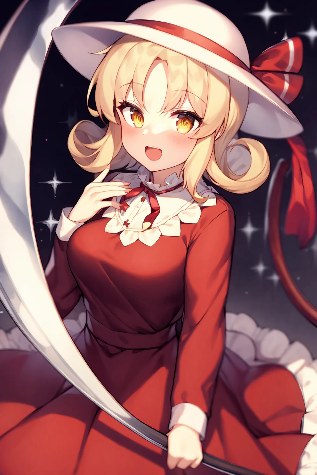 masterpiece, best quality, <lora:elly:1>,
1girl, dress, blonde hair, yellow eyes, solo, open mouth, hat, long sleeves, ribbon, holding, frills, white headwear, red dress, blush, smile, frilled dress, looking at viewer, short hair, scythe, holding scythe, breasts, brown footwear, hat ribbon, bangs, medium breasts, upper teeth only, red ribbon