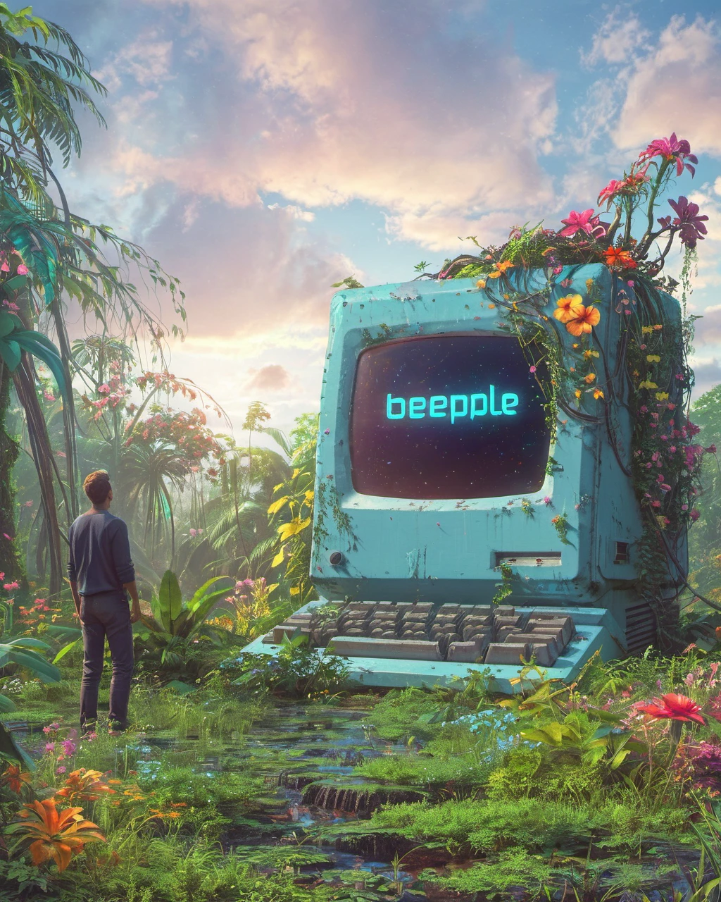 Beeple style, digital art, giant overgrown retro computer, jungle setting with colorful flora and vines, cloudy blue sky sunset, meticulous detail