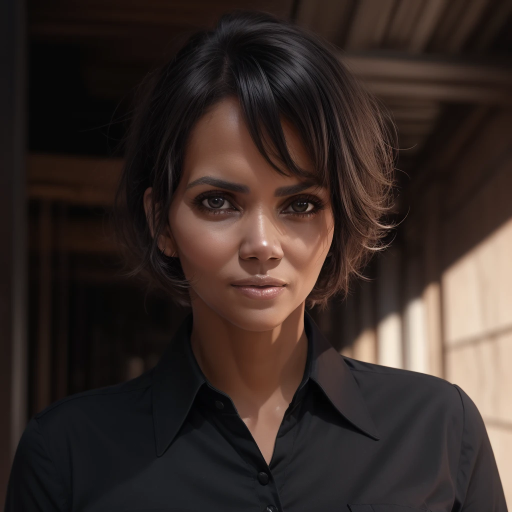 Best_QualityPos, RAW photo, intricate details, best quality, 8k uhd, soft lighting, 1girl, solo, halle berry, brown eyes, black hair, short hair, dark skin, black collared shirt <lora:Halle_Berry:0.5> <lora:backlight_slider_v10:-0.5>