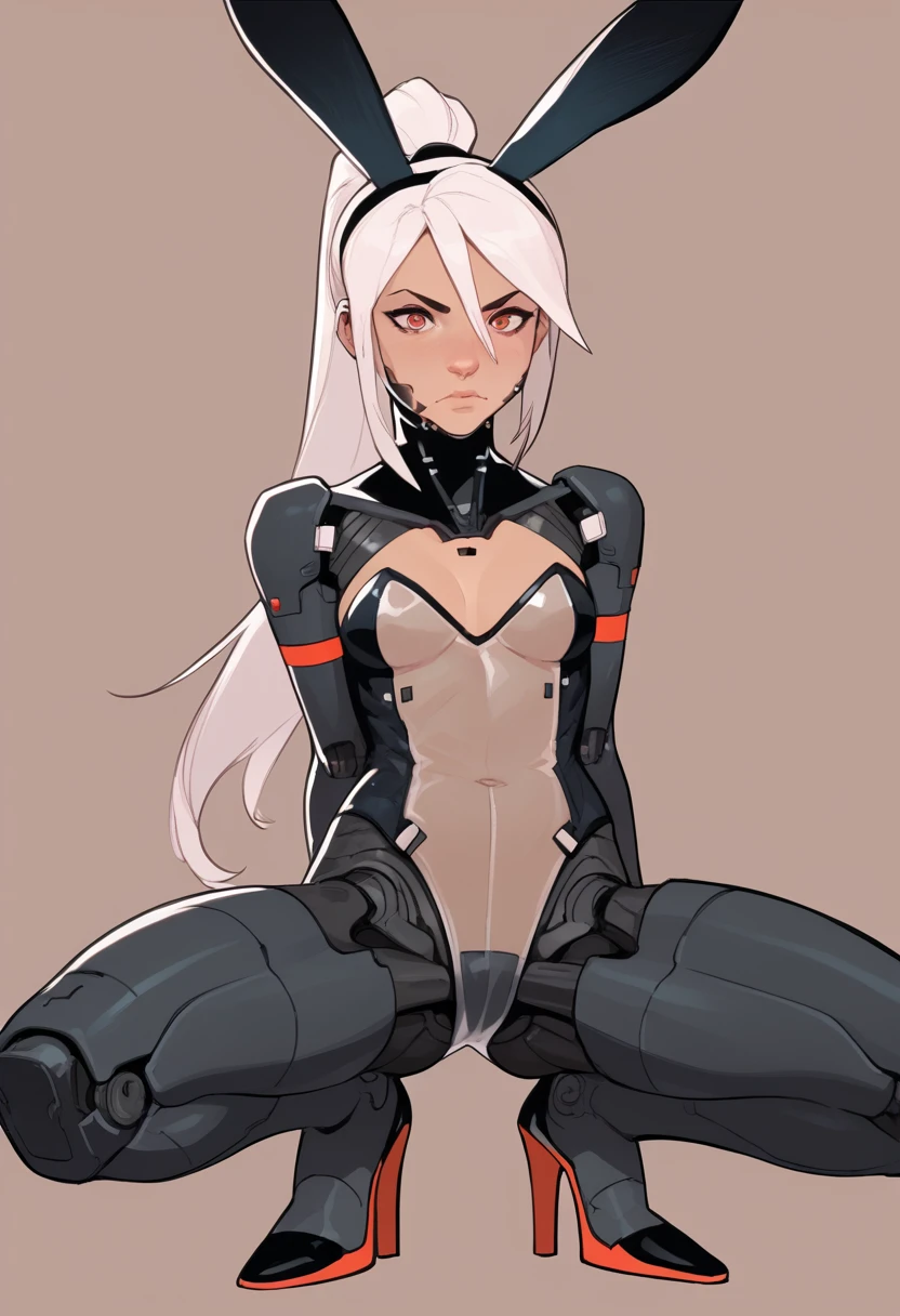 <lora:signalis_elster_ponyXL:1>, elster, cyborg, bodysuit,,score_9, score_8, score_7, source_anime, 1girl, white hair, long hair, ponytail, red eyes, transpbun, squatting, high heels <lora:transpbun:0.8>, brown background, simple background, see-through bunnysuit, source_explicit, pov crotch,