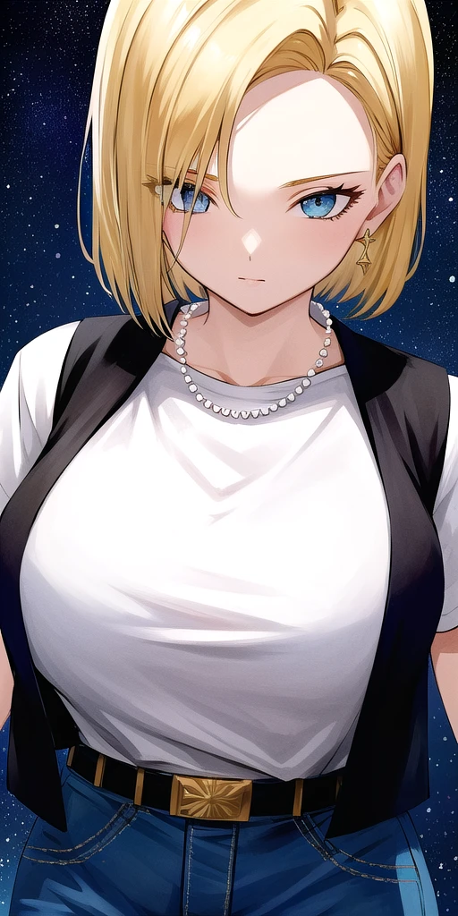 <lora:Lazuli18gouV1:0.7> lazuli18gou, huge_breasts, standing, solo, Black_vest_White_shirt_short_sleeves_Jeans_high-waist_pants_Belt_Pearl_necklace, starry_sky,, masterpiece, best_quality, detailed_face, detailed_eyes, highres, beautiful, detailed, absurdres,