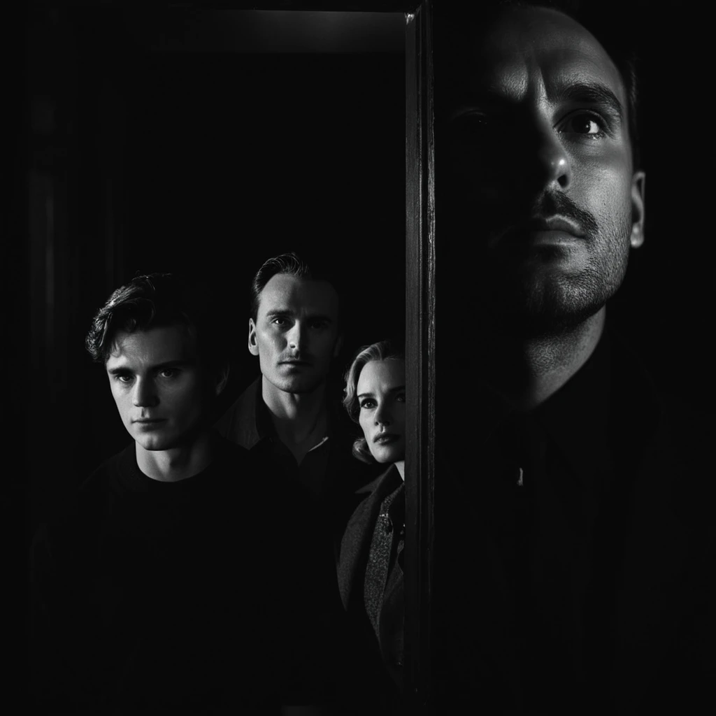 cinematic film still of <lora:Split Diopter style:1>
From above, Split image focus of a closeup of a man is looking up at something with a woman in the background at door steps in a dark dim room in a scene from a film noir movie,Split Diopter style,solo,looking at viewer,1boy,monochrome,greyscale,shadow,black background,dark,eye focus,nearsighted,farsighted,split,split focus,focus,sharp focus,deep focus,Split focus,split screen , artistic, Kodak, dramatic light, dramatic shadow light, contrast, saturated color, cinematic, filmic, motion picture, realistic, realism, perfection, perfect, deep focus, clean image, wide screen, detailed image, cinematic, deep space composition, shallow depth of field, vignette, highly detailed, high budget, bokeh, cinemascope, moody, epic, gorgeous, film grain, grainy
